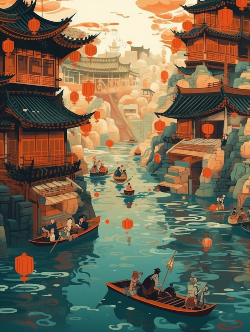 河岸两边的古风建筑房屋木船国潮背景,插画/手绘图,插画/手绘图库,插画/手绘图下载,插画/手绘